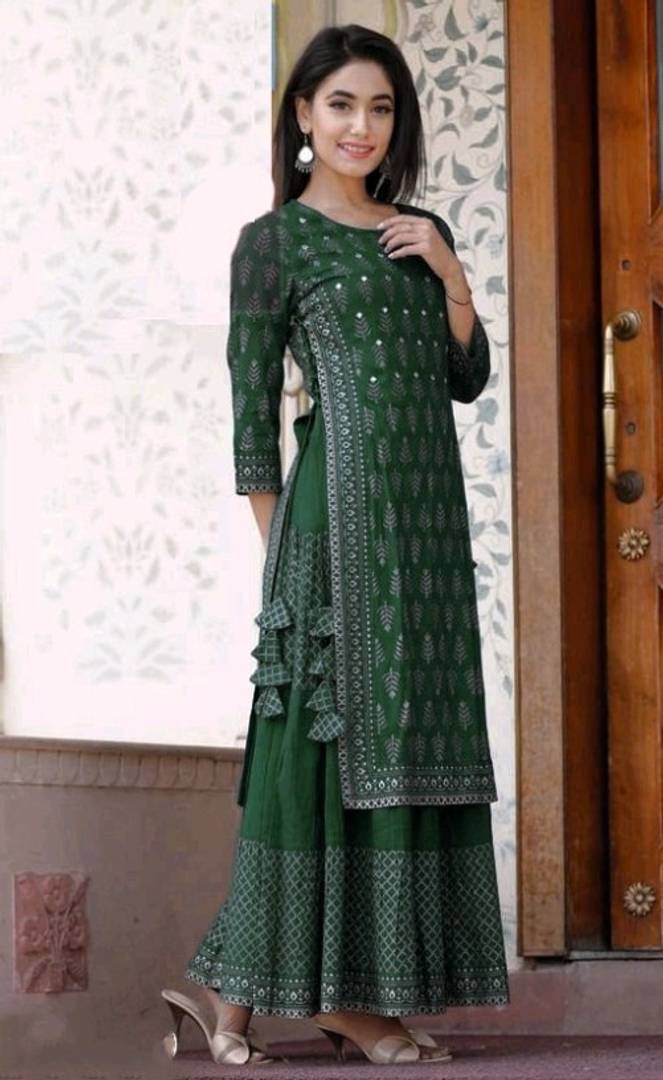 Stylish Green Rayon Ethnic Motif Layered Kurta For Women
